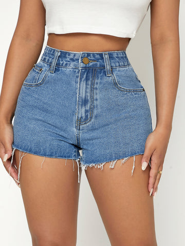 PETITE High Waist Raw Trim Denim Shorts