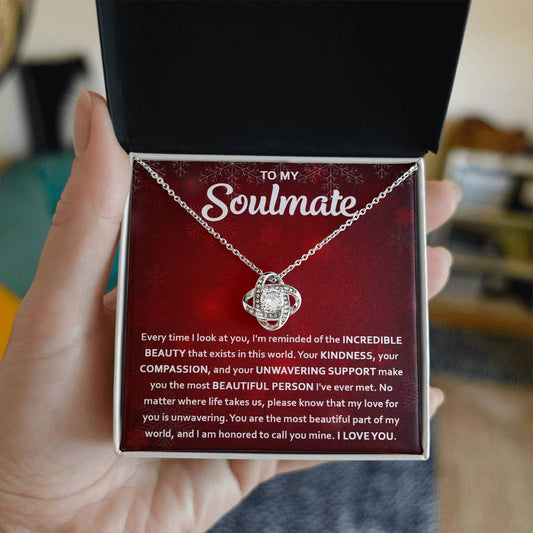 To My Soulmate Love Knot Necklace w/Red Snowflakes