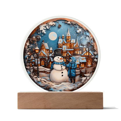 Snowman In Town Acrylic Circle Plaque