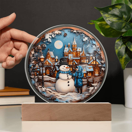 Snowman In Town Acrylic Circle Plaque