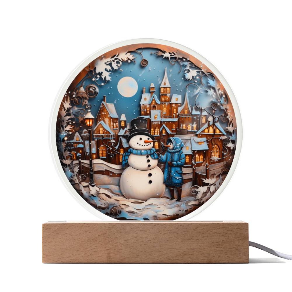 Snowman In Town Acrylic Circle Plaque