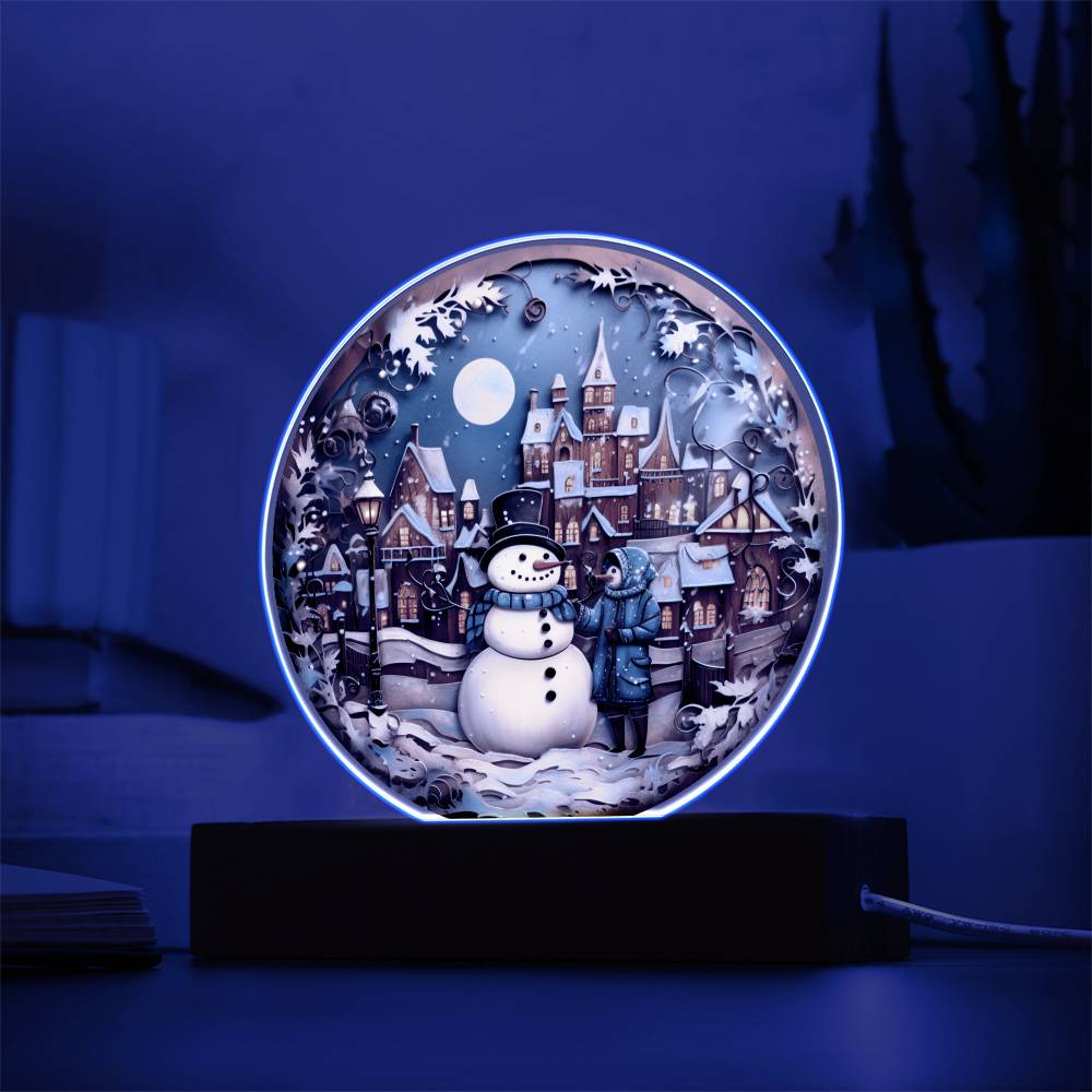 Snowman In Town Acrylic Circle Plaque