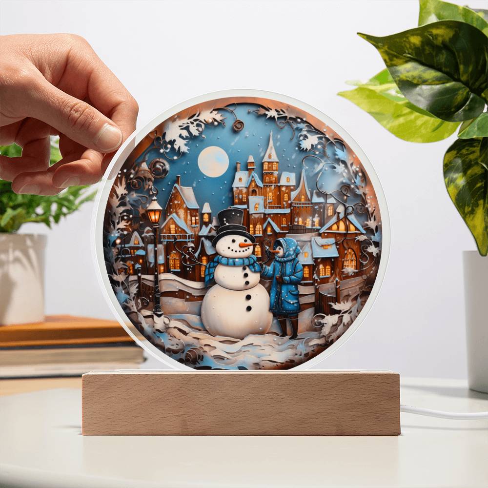 Snowman In Town Acrylic Circle Plaque