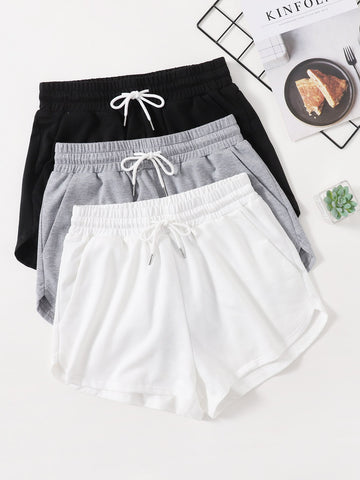 EZwear 3pcs Solid Drawstring Waist Shorts