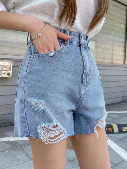 DAZY Colorblock Ripped Raw Hem Denim Shorts