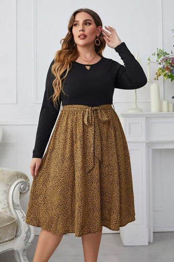 Melo Apparel Plus Size Leopard Long Sleeve Round Neck Dress