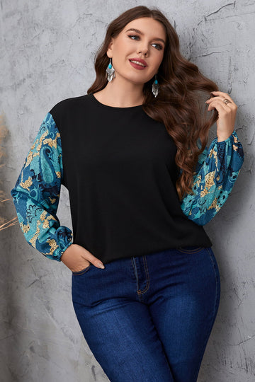 Melo Apparel Plus Size Printed Sleeve Round Neck Blouse