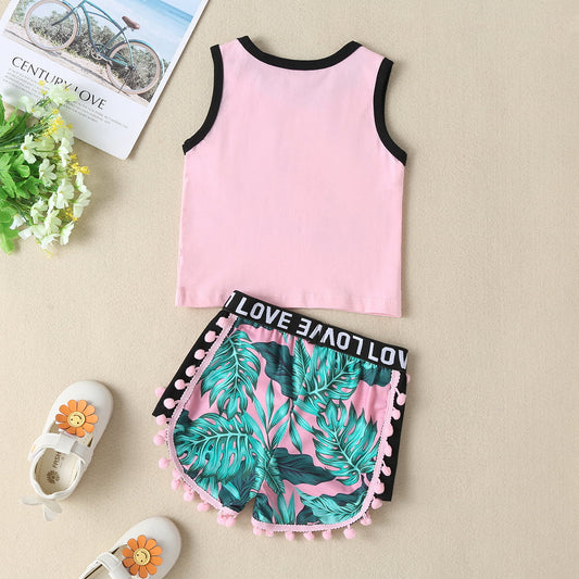 SUNNY BEACH HOLIDAY Graphic Tank and Printed Pom-Pom Trim Shorts Set