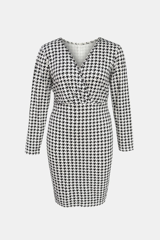 Plus Size Houndstooth Surplice Neck Long Sleeve Pencil Dress