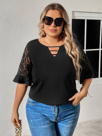 Plus Size Cutout Round Neck Spliced Lace Flounce Sleeve Blouse