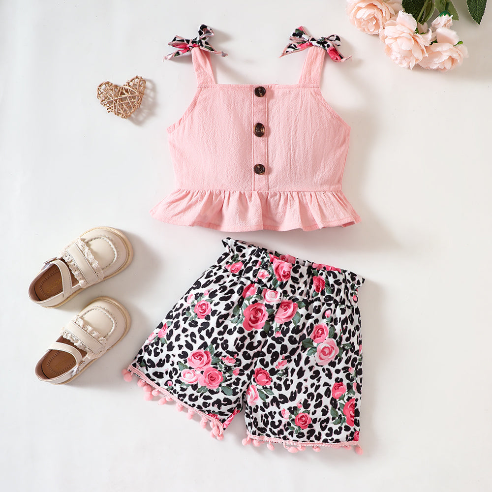 Decorative Button Ruffled Tank and Leopard Floral Shorts Set