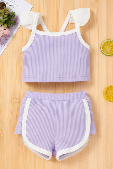 Baby Girl Contrast Trim Ribbed Cami and Shorts Set