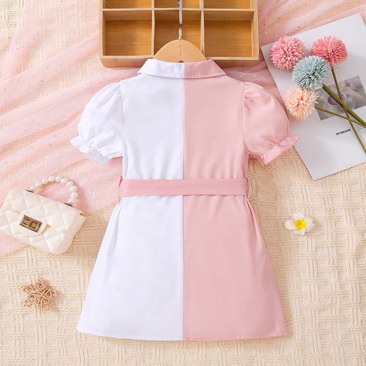 Girls Two-Tone Belted Shirt Dress