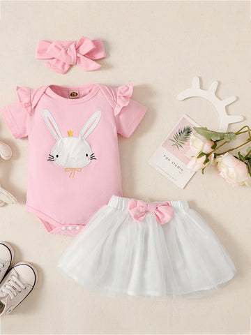 Short Sleeve Bunny Graphic Top and Bow Detail Skirt Set