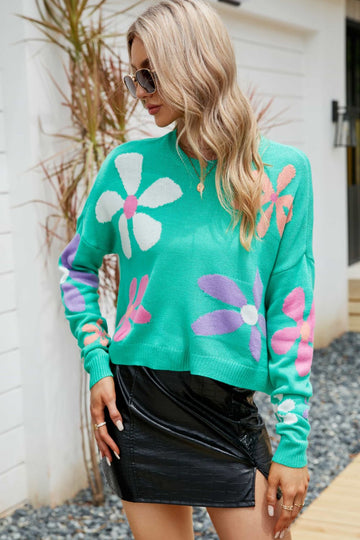 Floral Dropped Shoulder Ribbed Trim Sweater