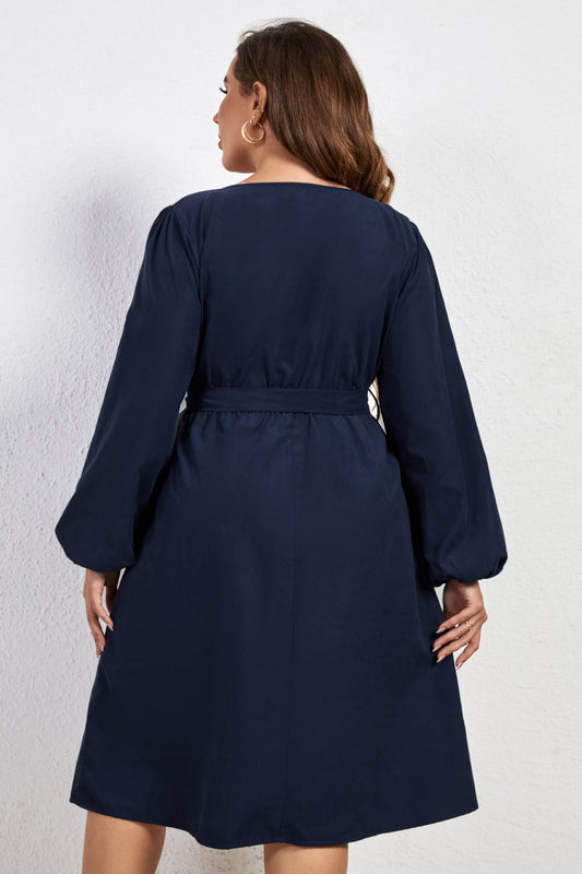 Melo Apparel Plus Size Buttoned Tie Belt Round Neck Long Sleeve Dress