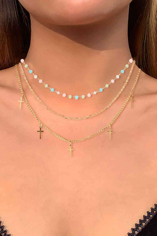 18K Gold Plated Cross Pendant Triple-Layered Necklace