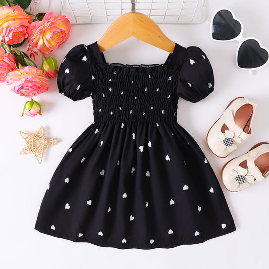 Heart Print Smocked Square Neck Dress