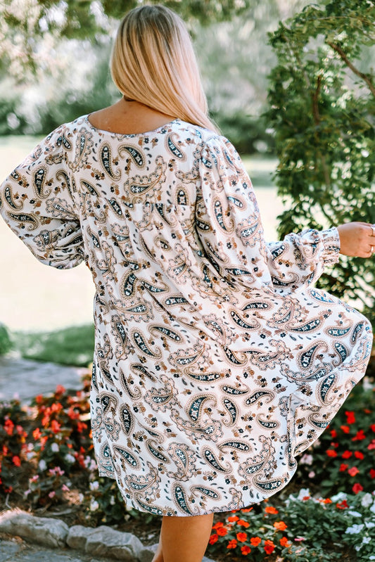 Plus Size Paisley Print Puff Sleeve Dress