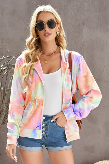 Tie-Dye Drawstring Detail Zip Up Hooded Jacket