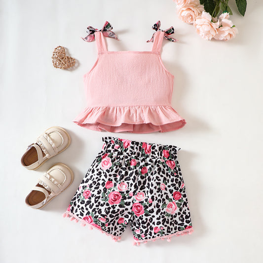 Decorative Button Ruffled Tank and Leopard Floral Shorts Set