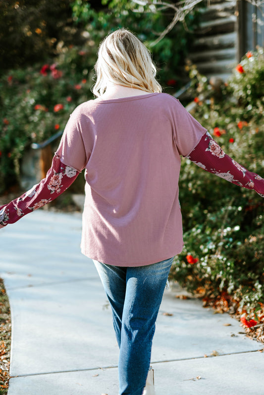 Plus Size Floral Exposed Seam Quarter-Button Henley Top