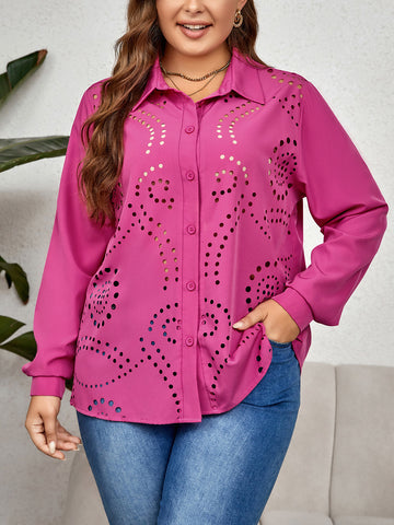 Plus Size Openwork Collared Neck Long Sleeve Shirt
