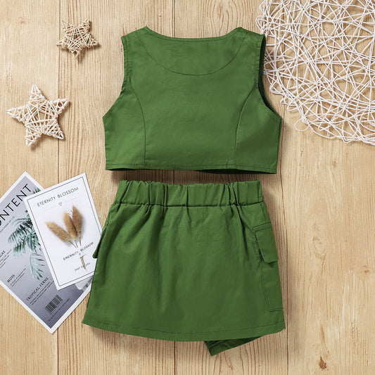 Buttoned V-Neck Tank and Skirt Set