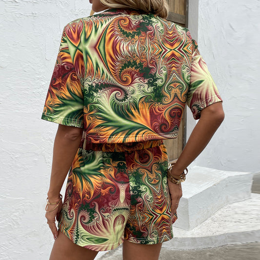 Printed Round Neck Dropped Shoulder Half Sleeve Top and Shorts Set