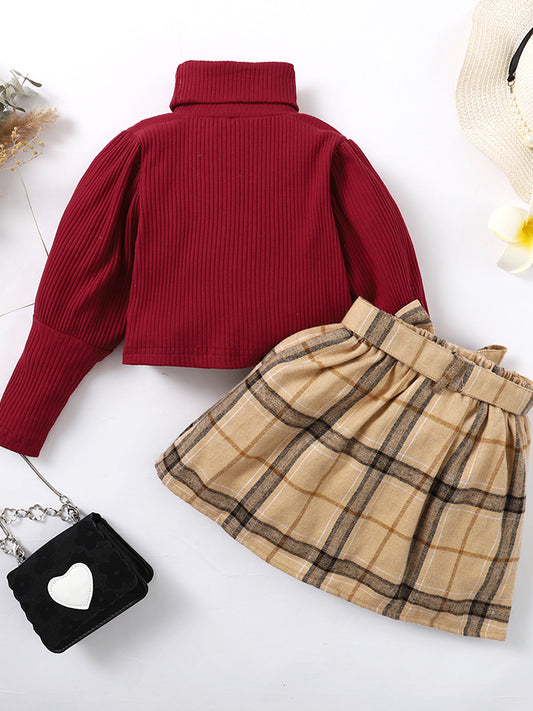 Turtle Neck Long Sleeve Ribbed Top and Plaid Skirt Set